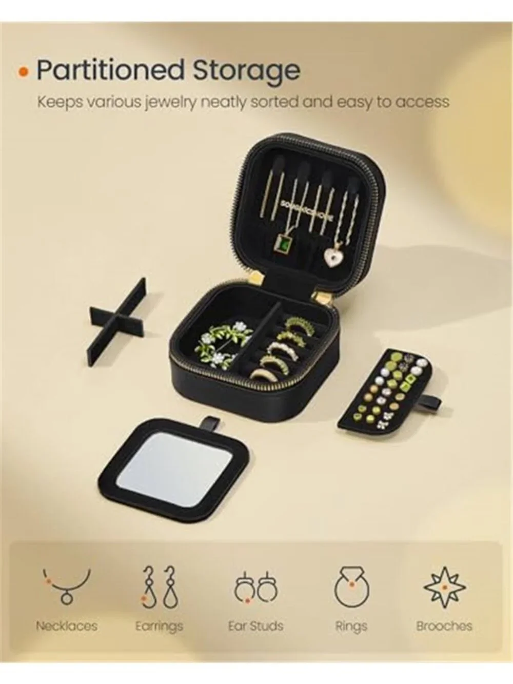 Small Travel Jewelry Box Organizer Case With Mirror Portable Storage Black Gift